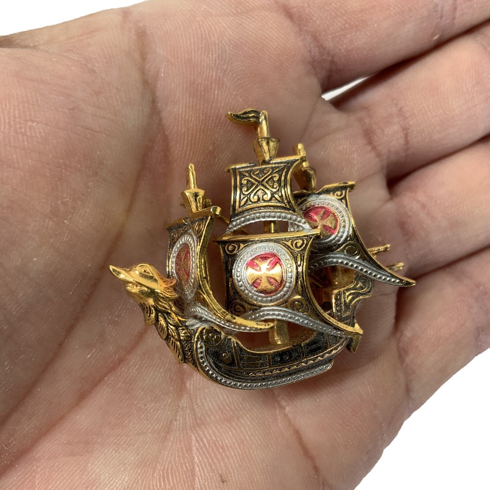 Vintage Damascene Ship Brooch‎ Spanish Galleon Sailing Sail Boat Pin Spain